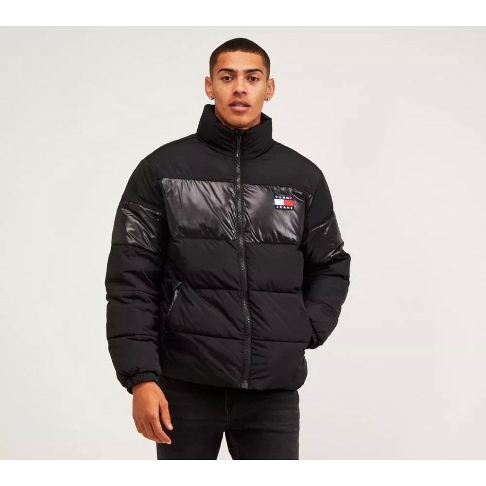 Tommy Jeans Tonal Colourblock Puffer Jacket Men XL Black Zip Down Coat Outerwear